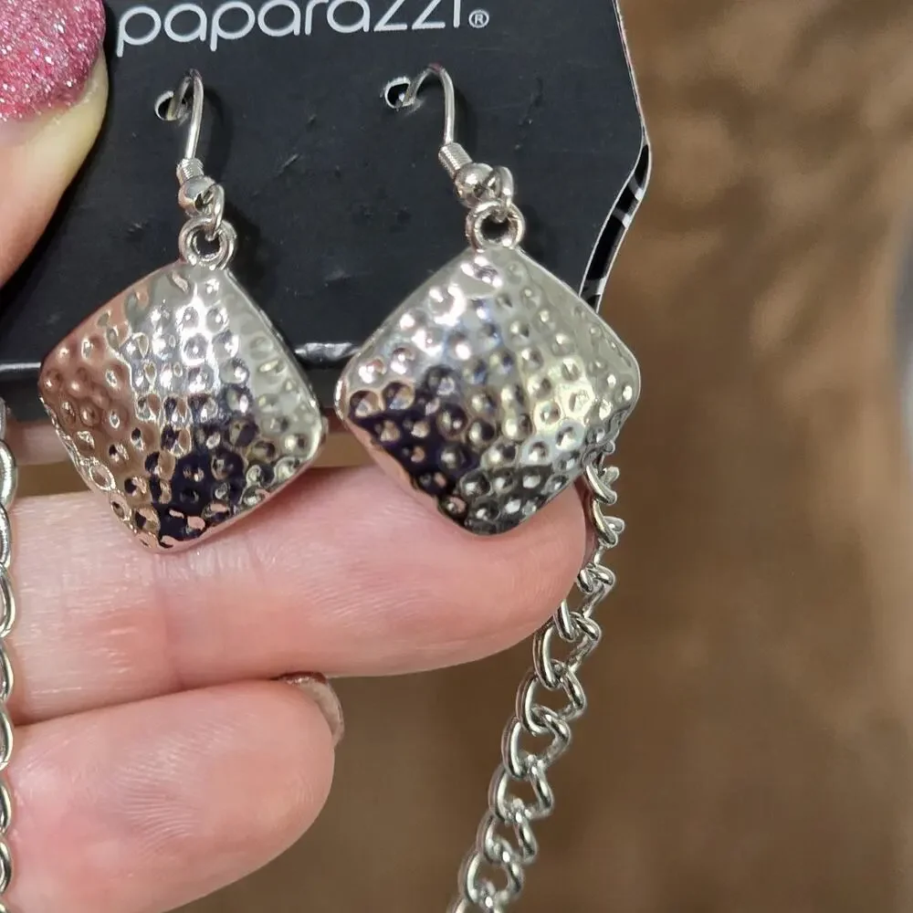 Paparazzi Silver Hammered Square Statement Necklace & Matching Earrings Set